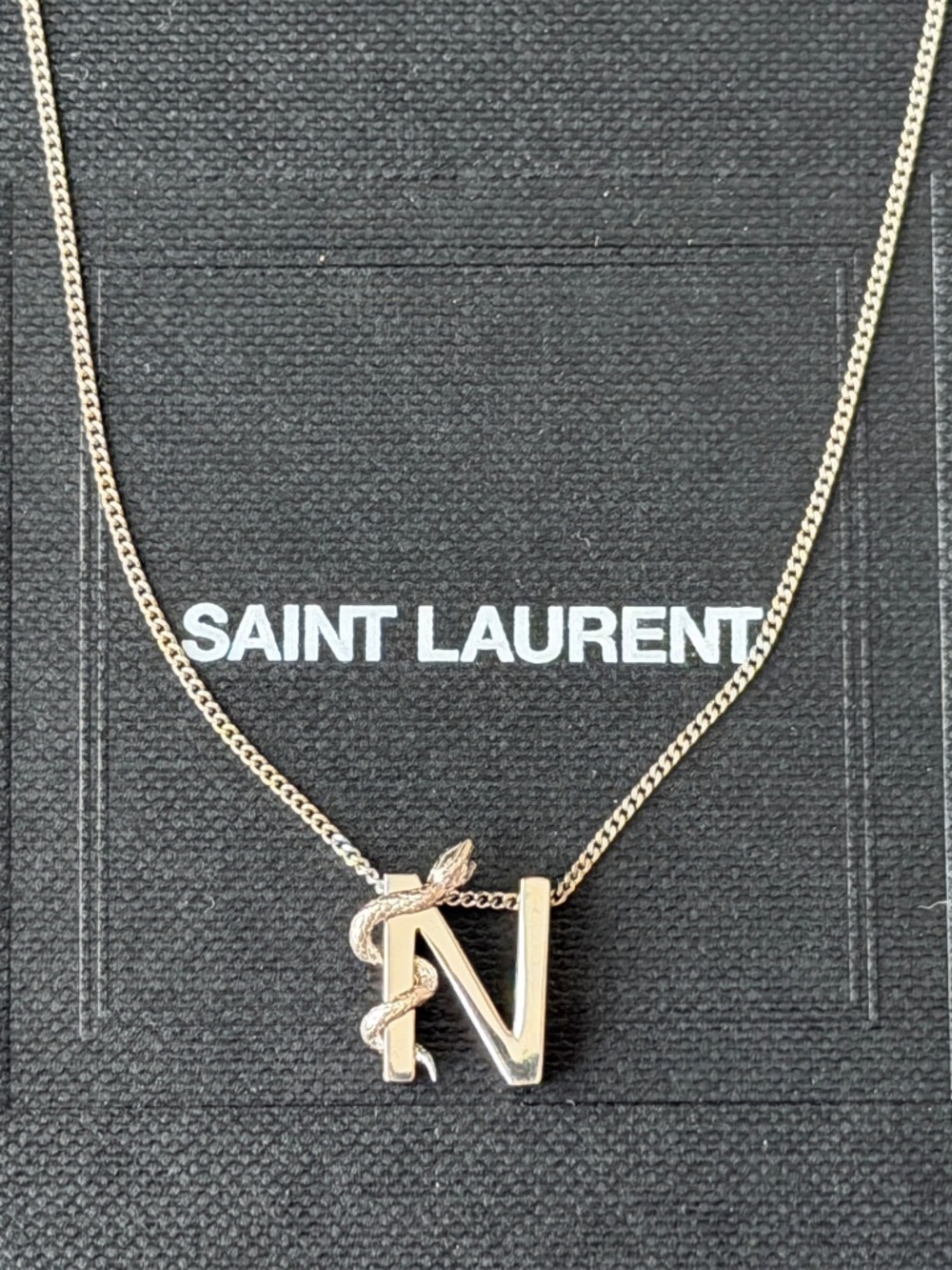 Saint Laurent YSL Sterling Silver N Initial Letter Snake Pendant Chain Necklace